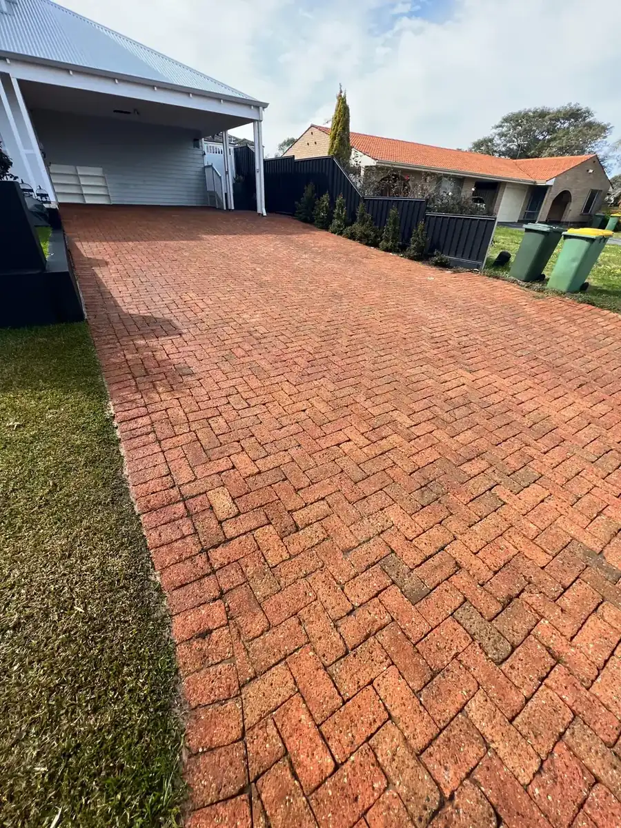 Freshly cleaned brick driveway