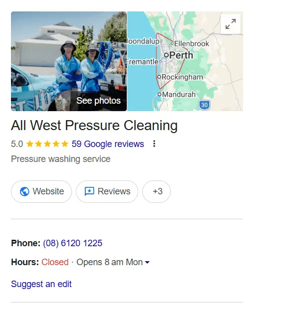 All West Pressure Cleaning Google profile — 5.0 from 59 reviews