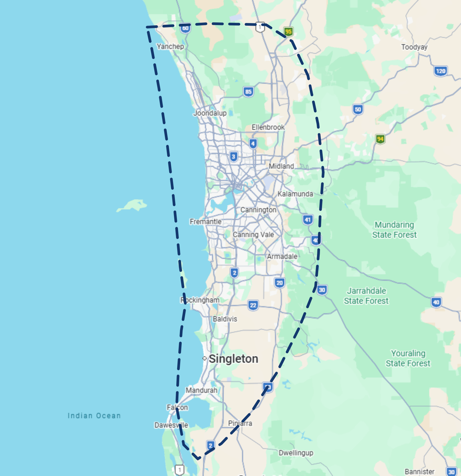 Perth metro map, Yanchep to Mandurah